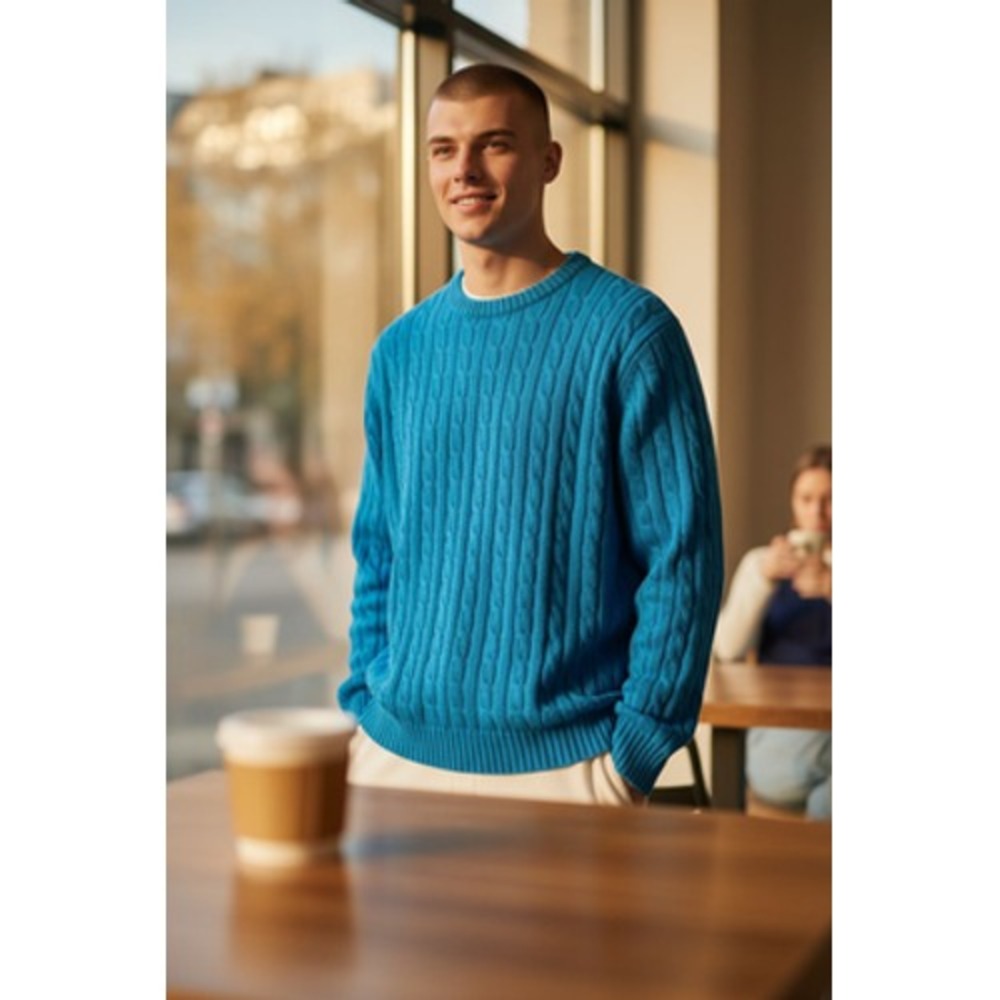 Vintage Extra Energy Sweater Mens Medium Blue Cable Knit Shetland Wool Crewneck
